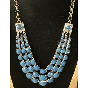 Teal Zuni Style Tribal Cleopatra 3Strand Layered Statement Necklace Silvertone